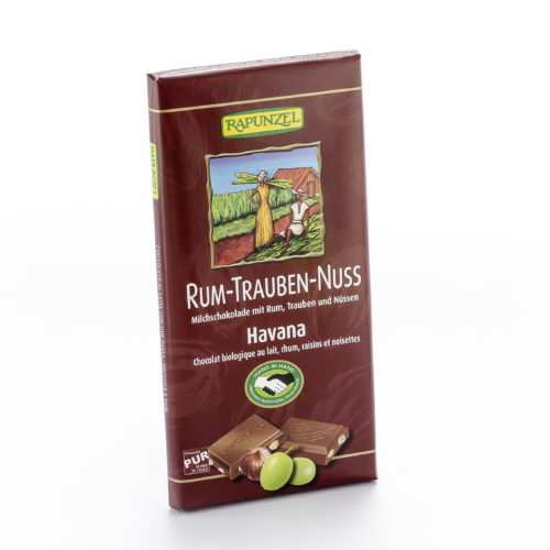 Chocolat au lait 36 % rhum-raisins-noisettes bio
